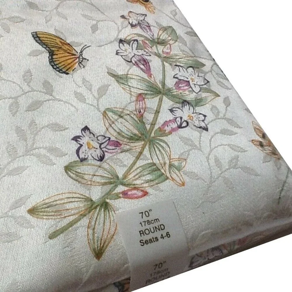 brand new Lenox Butterfly Meadow 70 inch Round Cotton Blend Spring Tablecloth